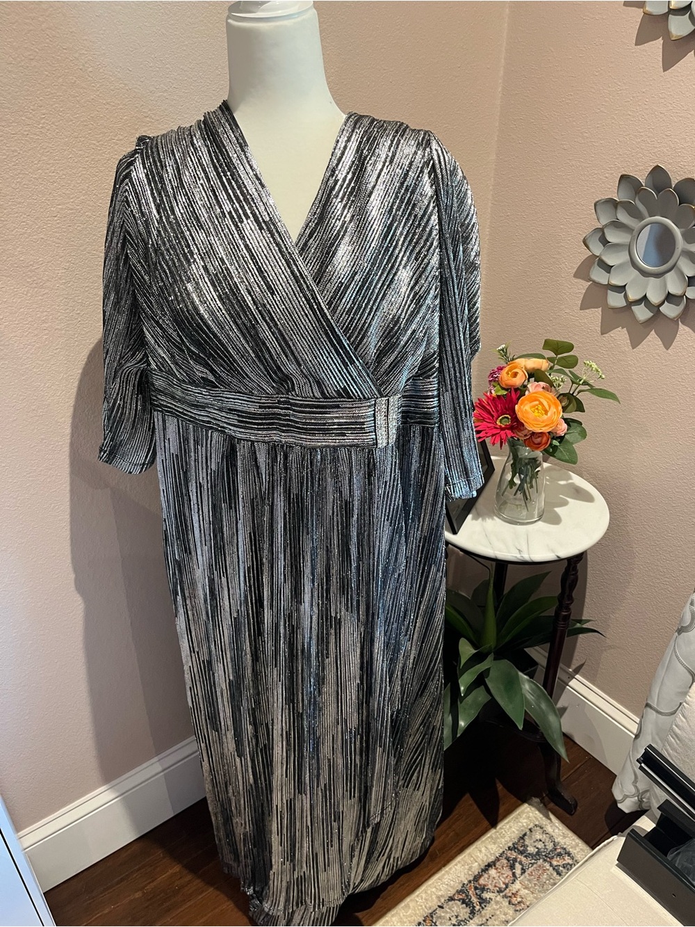 R&M Richards Black and Silver Pleated Wrap Maxi Dress